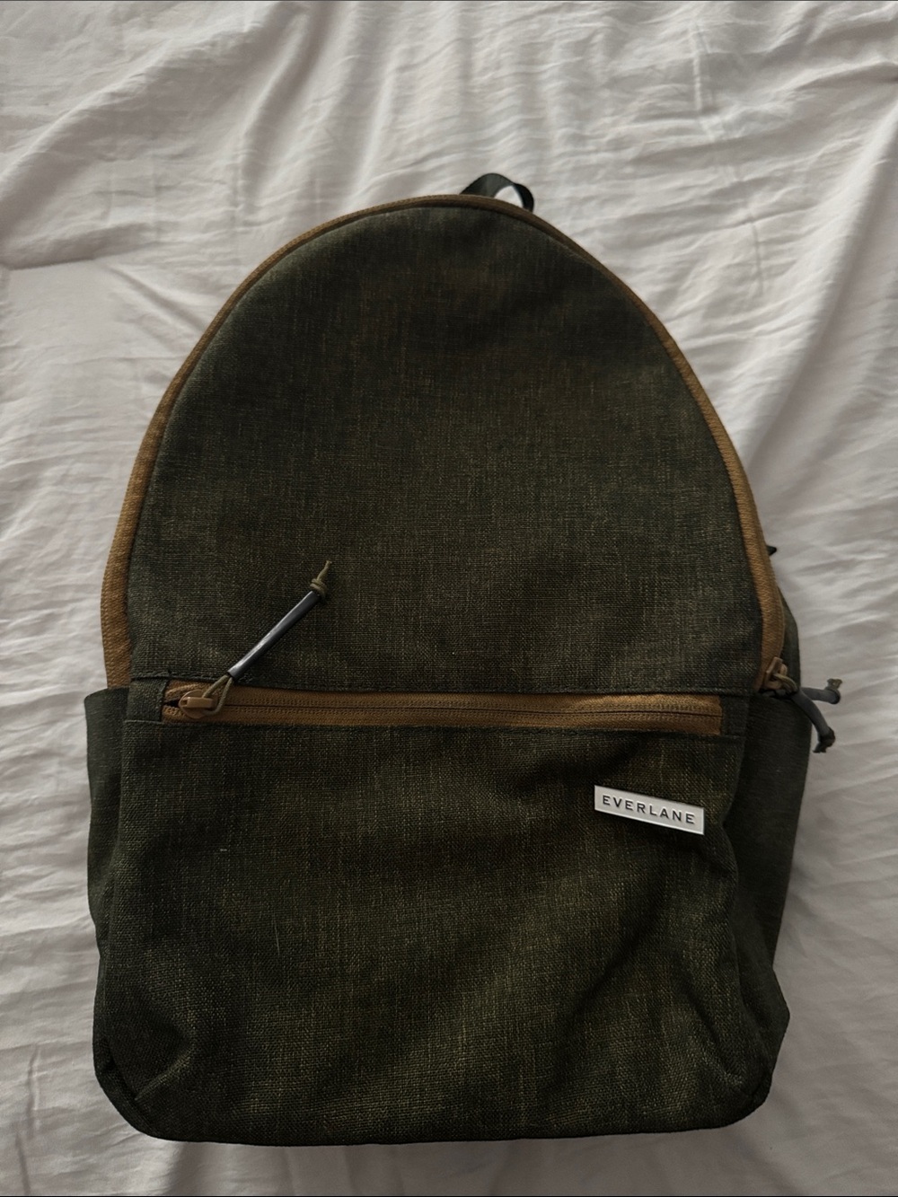 Everlane Olive Green Canvas Backpack with Brown Trim